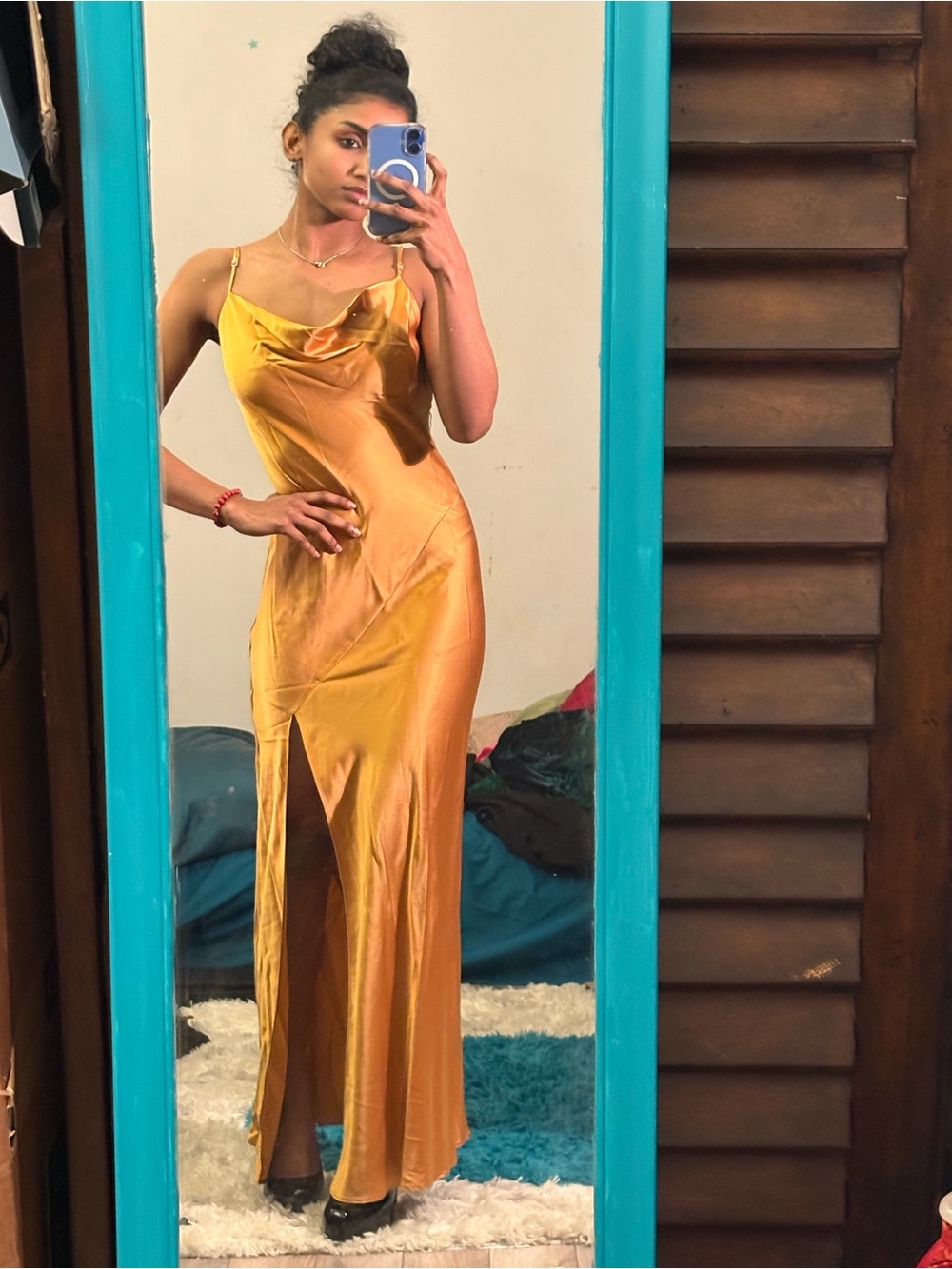 NICHOLAS Golden Satin Cowl Neck Maxi Dress